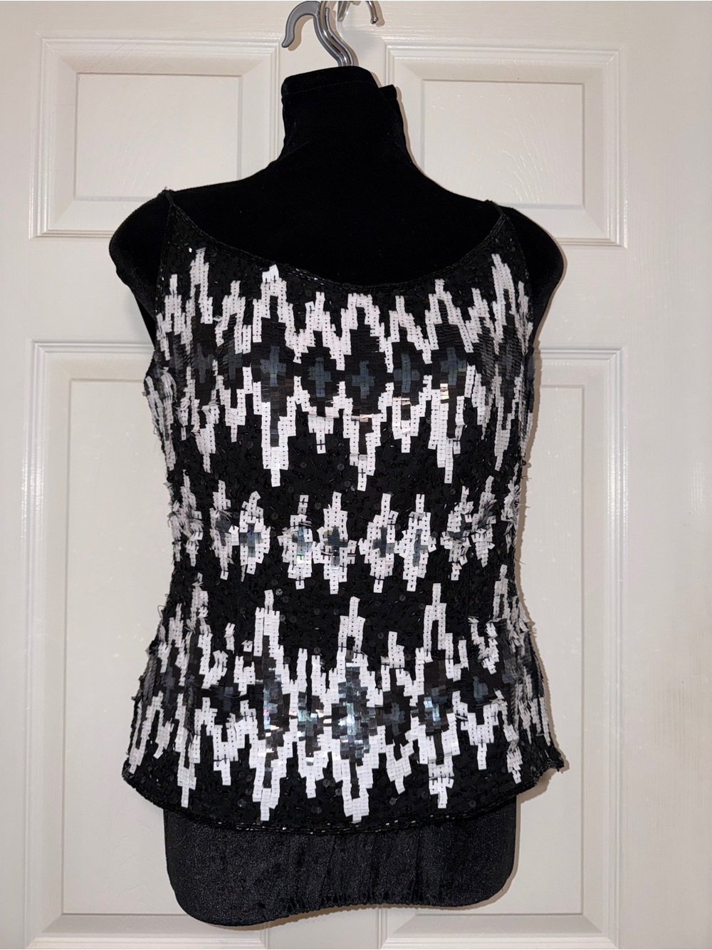 Laurence Kazar Black & White Sequin Beaded Silk Tank Top Art Deco Size Small